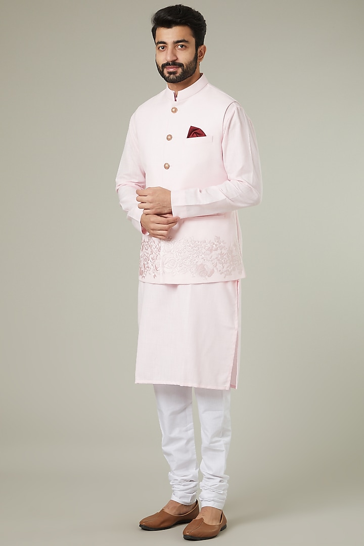 Blush Pink Embroidered Bundi Jacket With Kurta Set by Manish Nagdeo Men