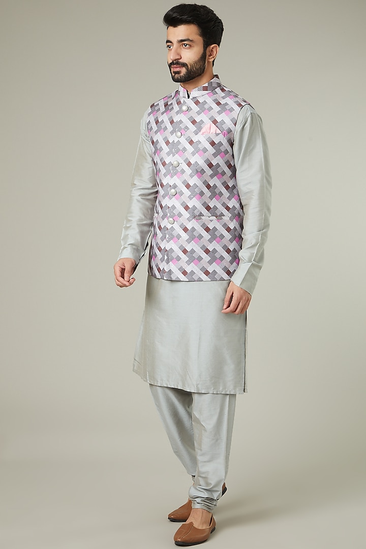 Grey Printed Bundi Jacket With Kurta Set by Manish Nagdeo Men