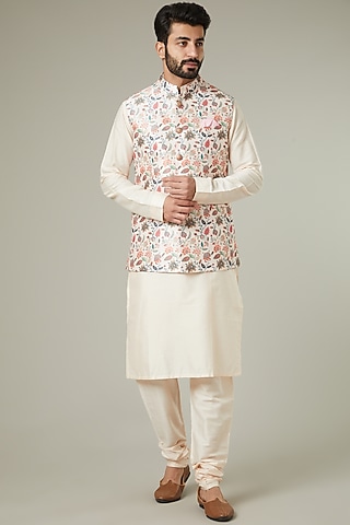 Nude Printed Bundi Jacket With Kurta Set by Manish Nagdeo Men