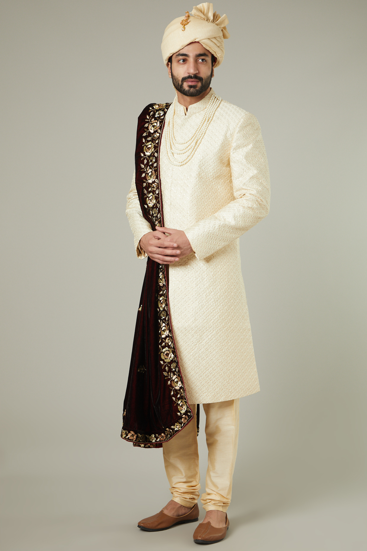 Beige Art Silk Embroidered Wedding Sherwani Set by Manish Nagdeo Men at Pernia's Pop Up Shop