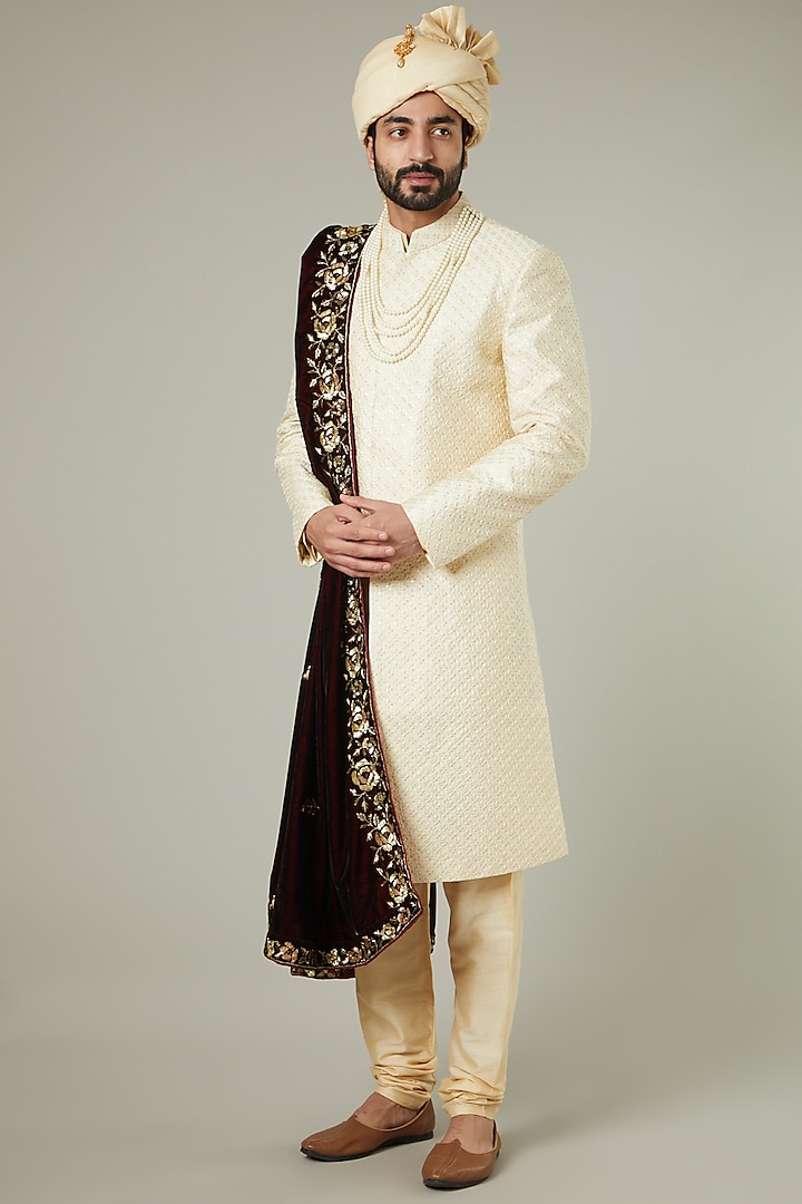 Beige Art Silk Embroidered Wedding Sherwani Set by Manish Nagdeo Men at Pernia's Pop Up Shop