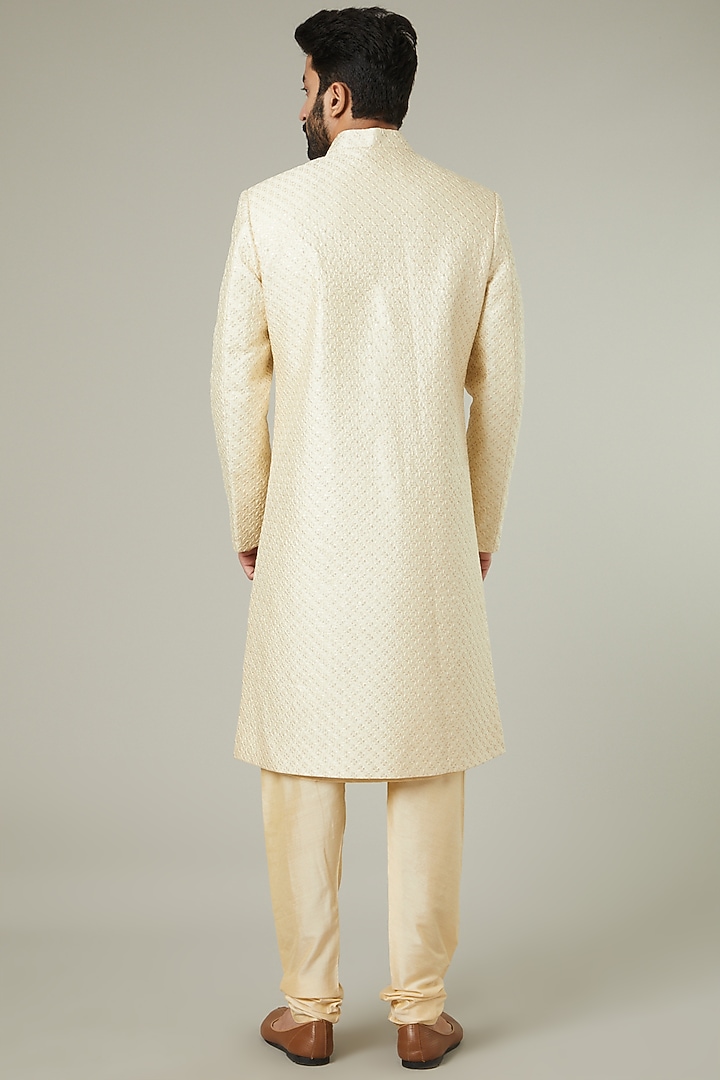 Beige Art Silk Embroidered Wedding Sherwani Set by Manish Nagdeo Men at Pernia's Pop Up Shop