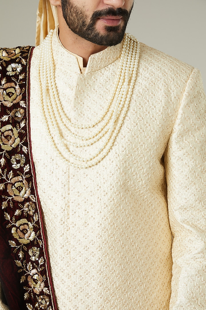 Beige Art Silk Embroidered Wedding Sherwani Set by Manish Nagdeo Men at Pernia's Pop Up Shop