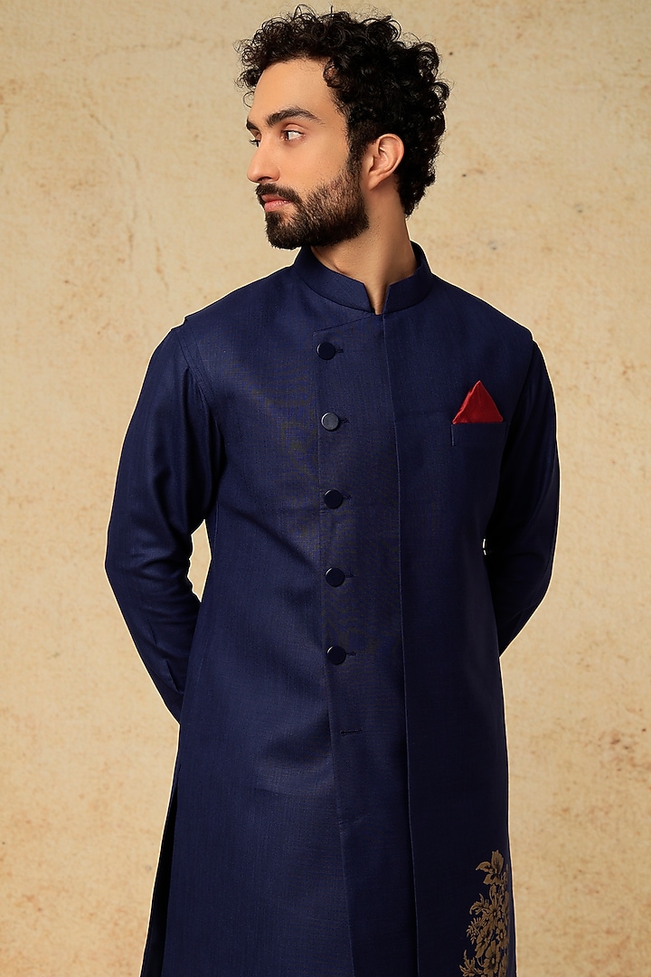 Navy Ruby Silk Indowestern Set by Manish Nagdeo Men at Pernia's Pop Up Shop