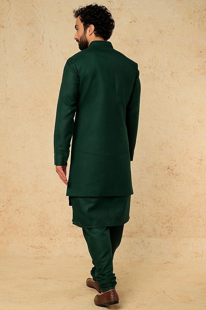 Bottle Green Ruby Silk Indowestern Set by Manish Nagdeo Men at Pernia's Pop Up Shop
