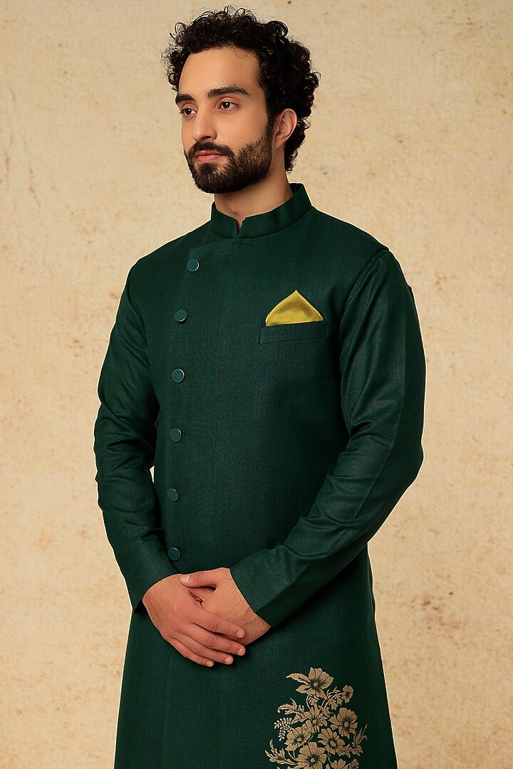 Bottle Green Ruby Silk Indowestern Set by Manish Nagdeo Men at Pernia's Pop Up Shop