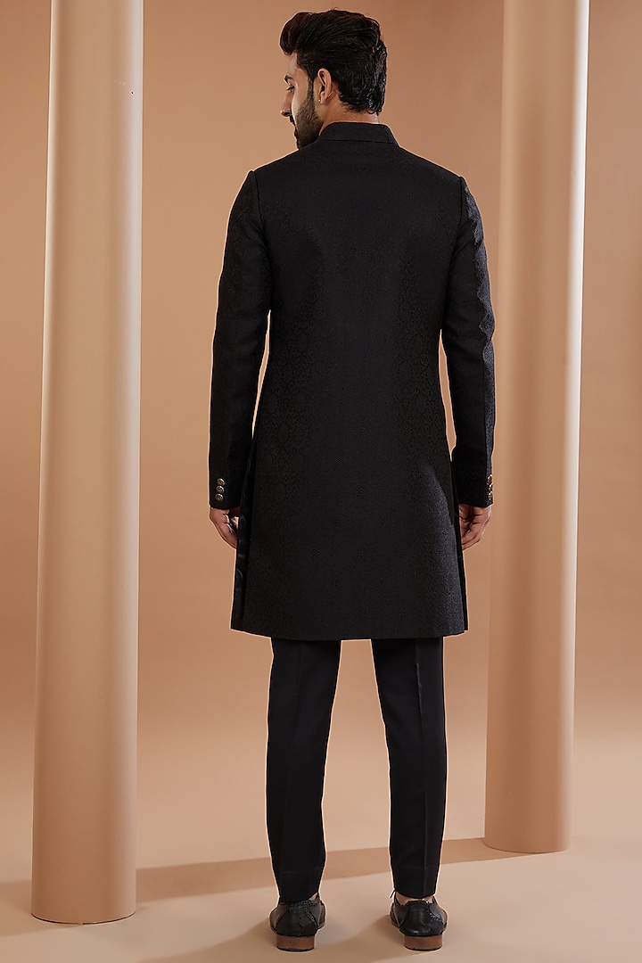 Black Art Silk Banarasi Brocade Wedding Sherwani Set by Manish Nagdeo Men at Pernia's Pop Up Shop