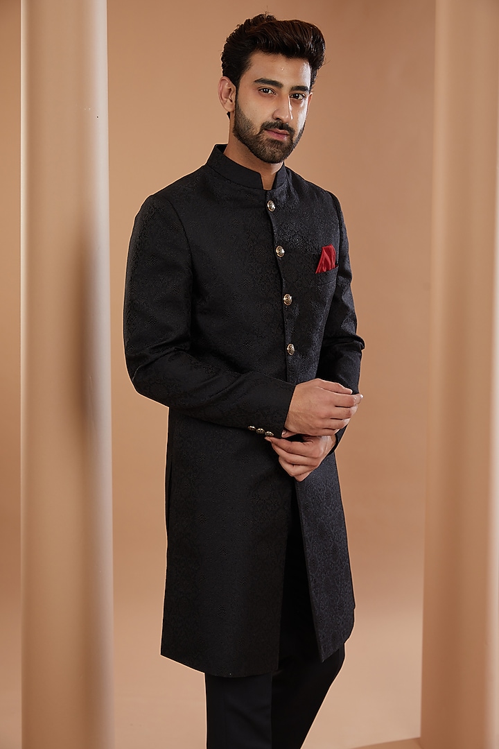 Black Art Silk Banarasi Brocade Wedding Sherwani Set by Manish Nagdeo Men at Pernia's Pop Up Shop