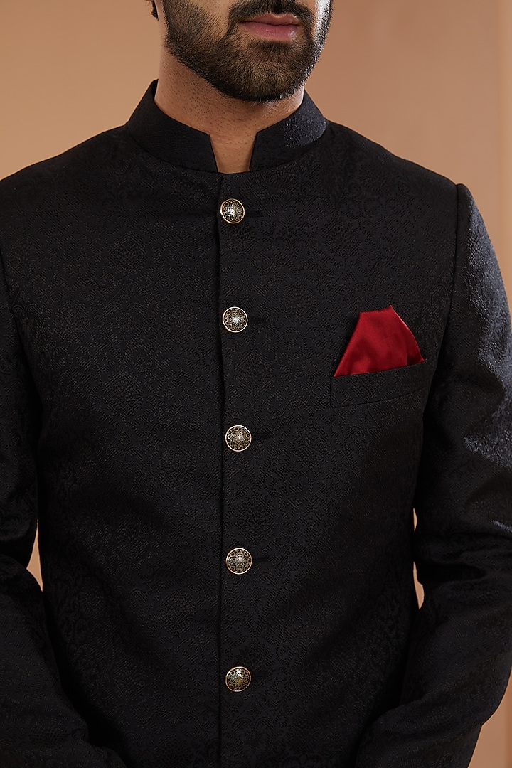 Black Art Silk Banarasi Brocade Wedding Sherwani Set by Manish Nagdeo Men at Pernia's Pop Up Shop