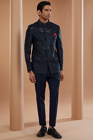 Blue Viscose Blend Printed Bandhgala Set by Manish Nagdeo Men