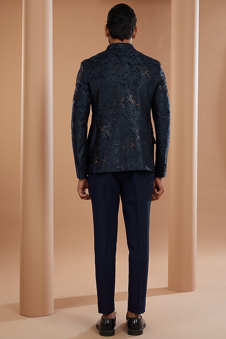 Blue Viscose Blend Printed Wedding Bandhgala Set by Manish Nagdeo Men at Pernia's Pop Up Shop
