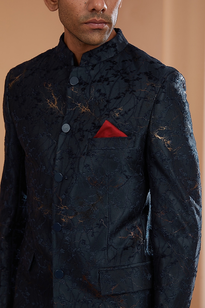 Blue Viscose Blend Printed Wedding Bandhgala Set by Manish Nagdeo Men at Pernia's Pop Up Shop