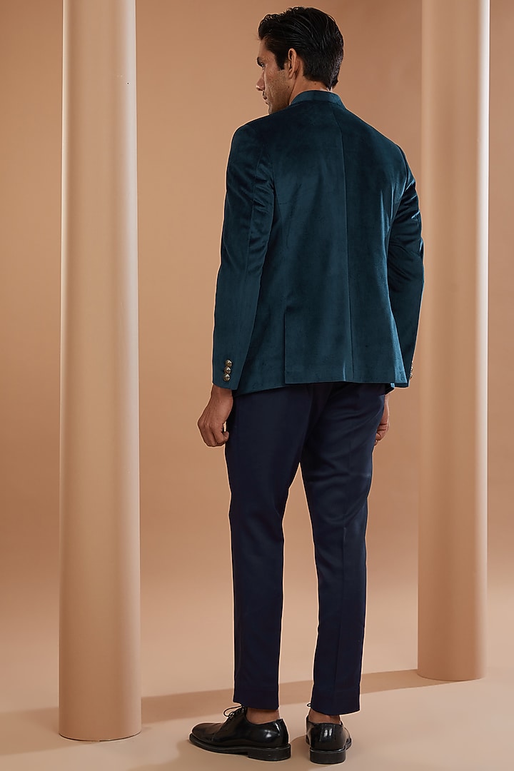 Blue Luxury Velvet Bandhgala Set by Manish Nagdeo Men at Pernia's Pop Up Shop