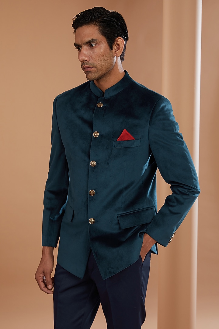 Blue Luxury Velvet Bandhgala Set by Manish Nagdeo Men at Pernia's Pop Up Shop