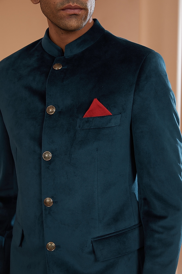 Blue Luxury Velvet Bandhgala Set by Manish Nagdeo Men at Pernia's Pop Up Shop