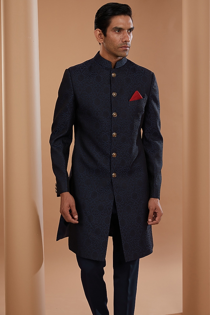 Blue Art Silk Banarasi Brocade Wedding Sherwani Set by Manish Nagdeo Men at Pernia's Pop Up Shop