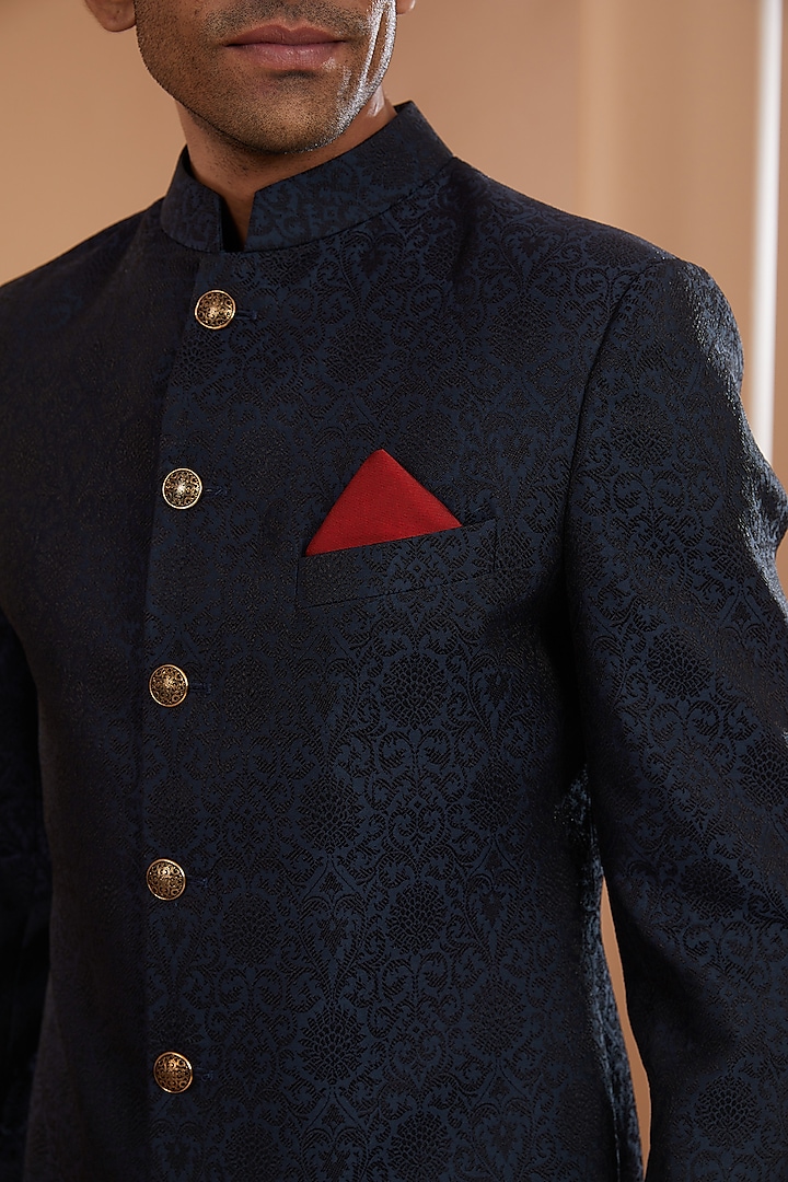 Blue Art Silk Banarasi Brocade Wedding Sherwani Set by Manish Nagdeo Men at Pernia's Pop Up Shop