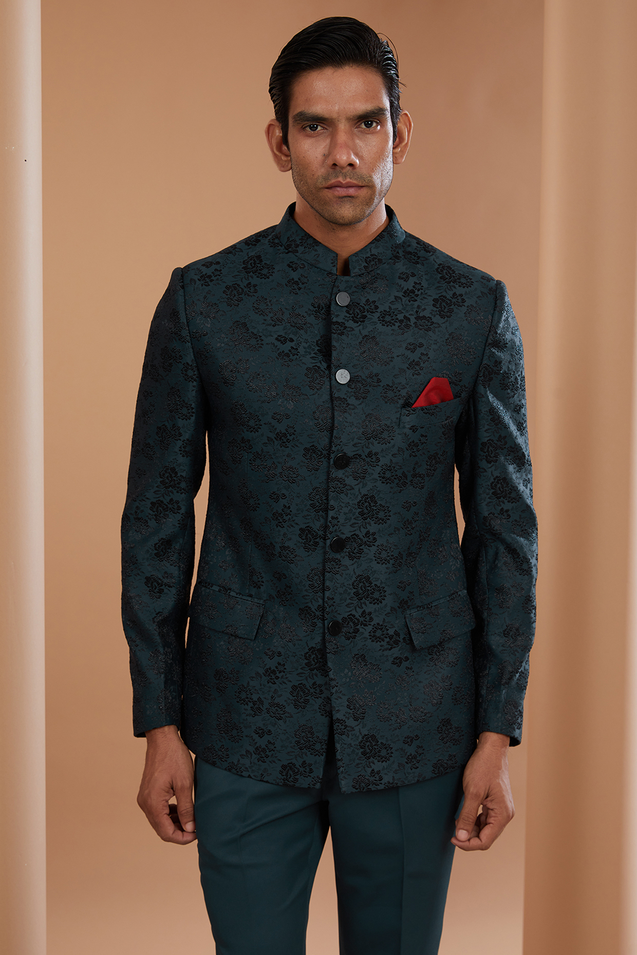 Teal Blue Viscose Blend Self Jacquard Bandhgala Set by Manish Nagdeo Men