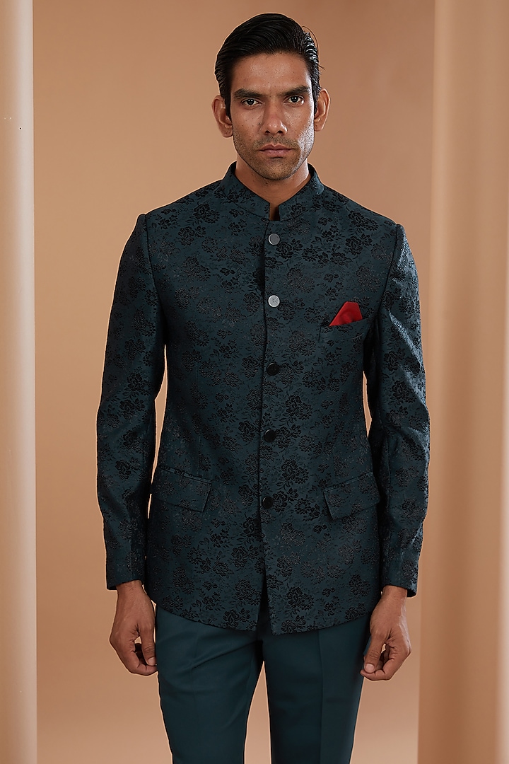Teal Blue Viscose Blend Self Jacquard Bandhgala Set by Manish Nagdeo Men