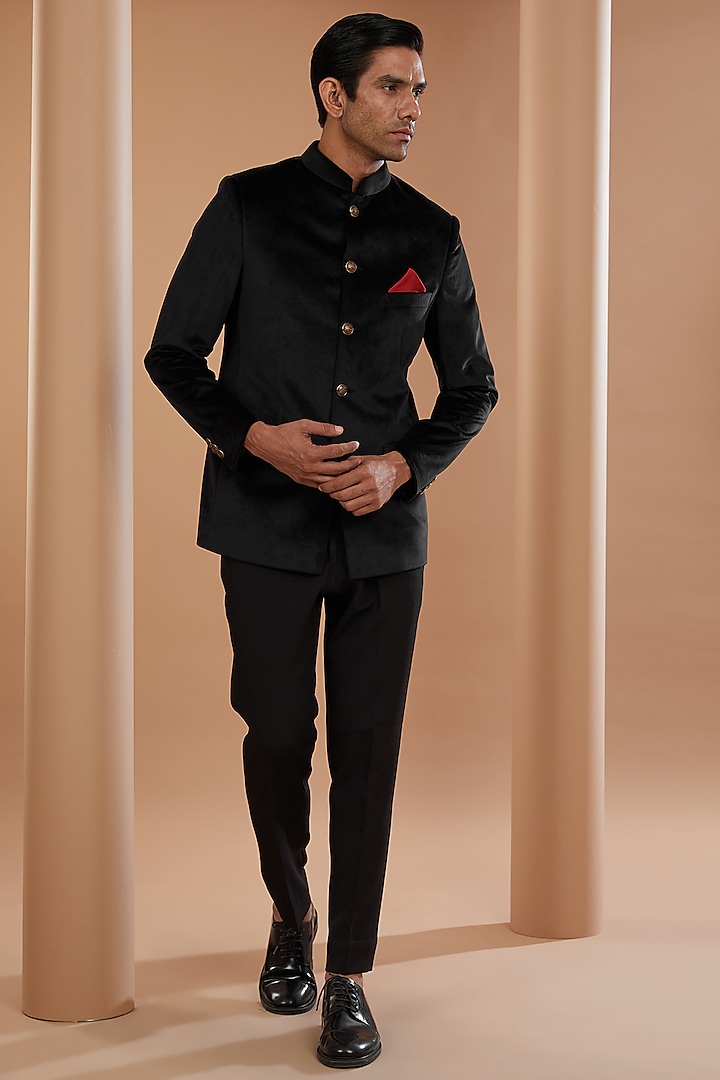 Black Luxury Velvet Bandhgala Set by Manish Nagdeo Men