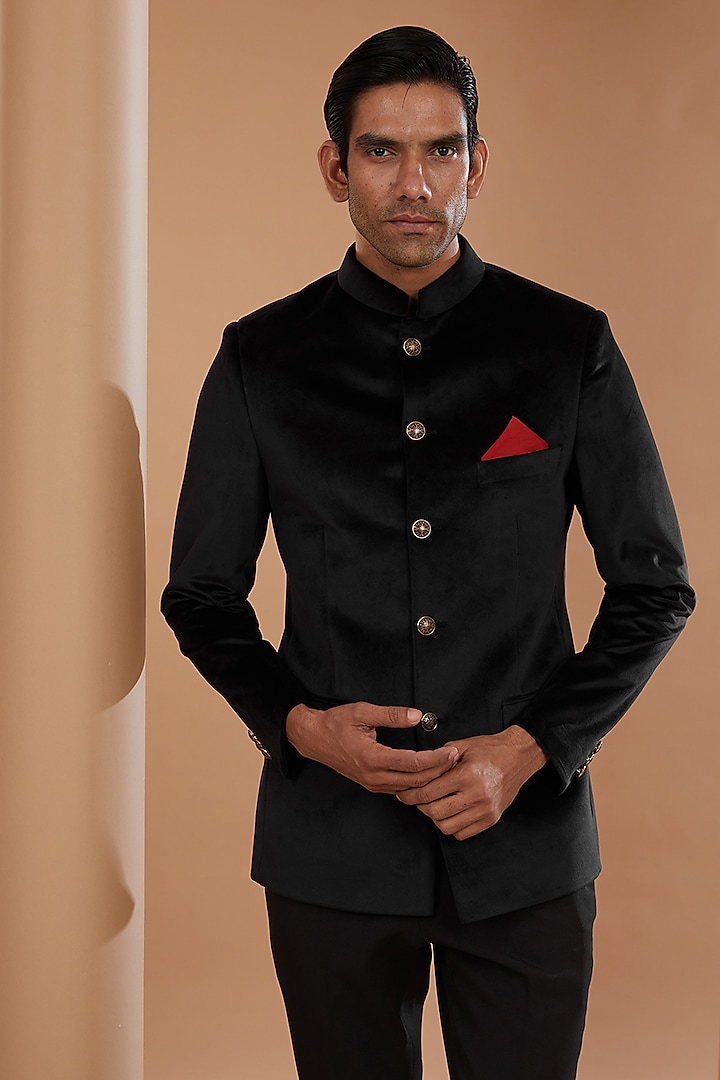Black Luxury Velvet Bandhgala Set by Manish Nagdeo Men at Pernia's Pop Up Shop