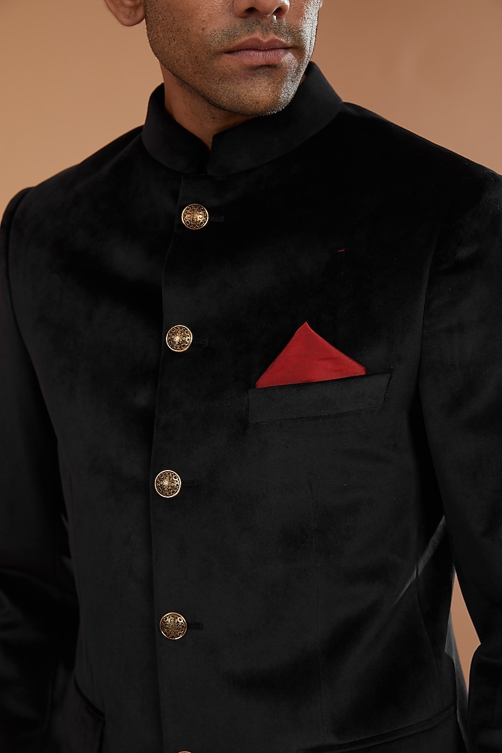Black Luxury Velvet Bandhgala Set by Manish Nagdeo Men at Pernia's Pop Up Shop