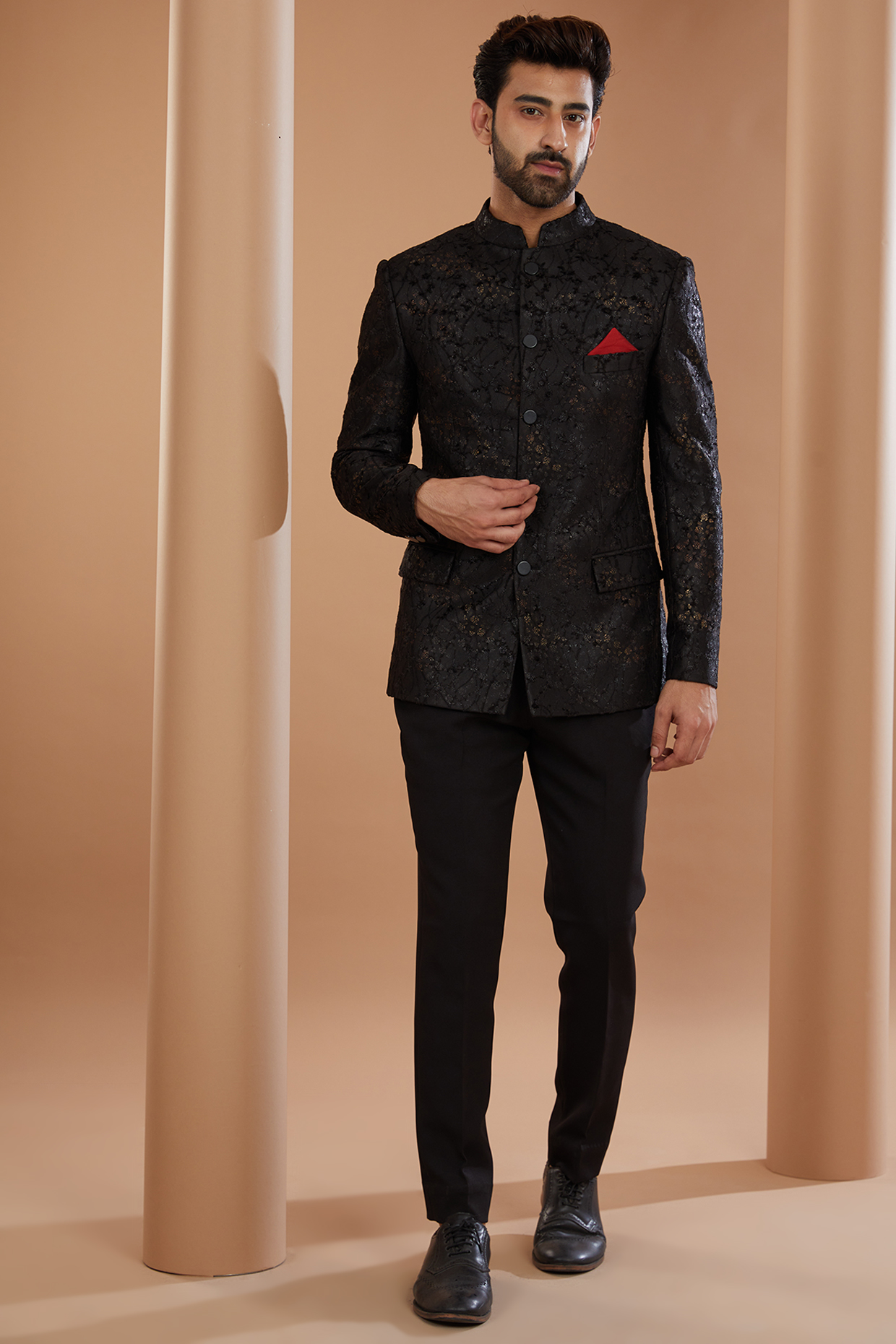 Black Viscose Blend Self-Emboss Printed Bandhgala Set by Manish Nagdeo Men at Pernia's Pop Up Shop