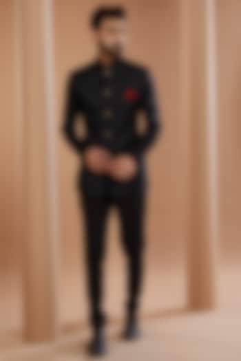 Black Viscose Blend Self Jacquard Bandhgala Set by Manish Nagdeo Men