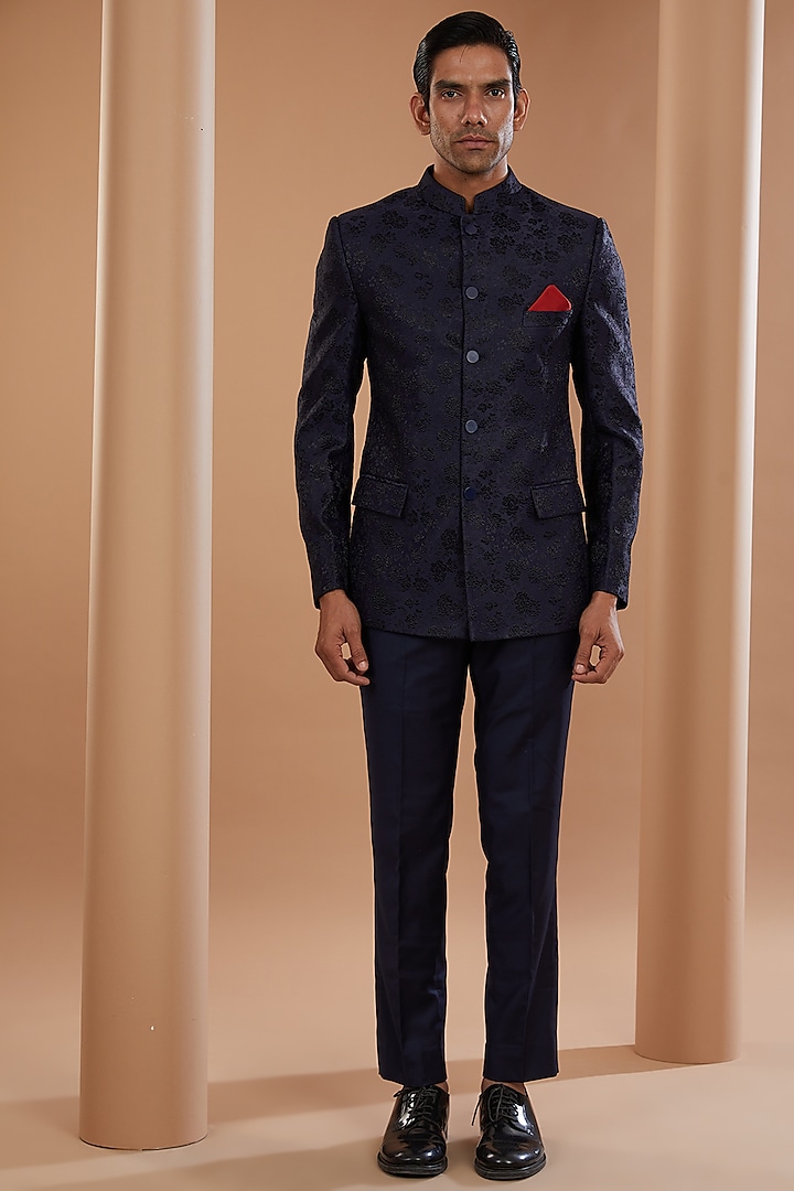 Blue Viscose Blend Self Jacquard Bandhgala Set by Manish Nagdeo Men