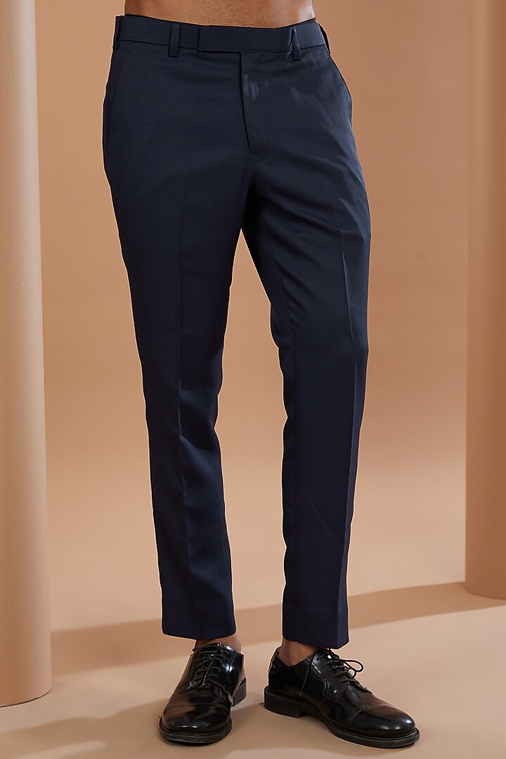 Navy Blue Viscose Blend Trousers by Manish Nagdeo