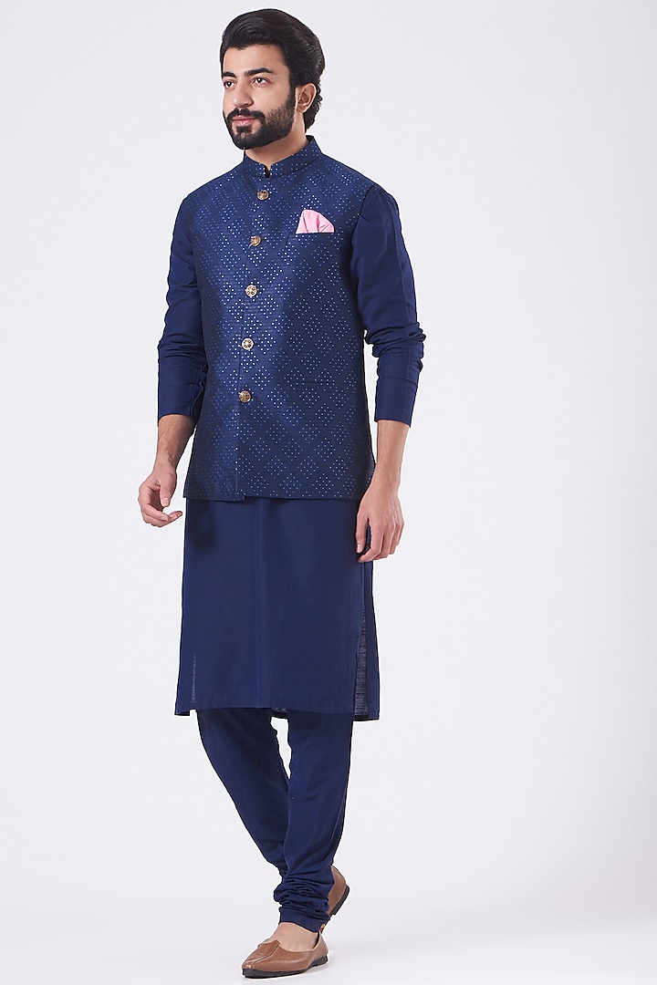 Ink Blue Kurta Set With Brocade Nehru Jacket by Manish Nagdeo