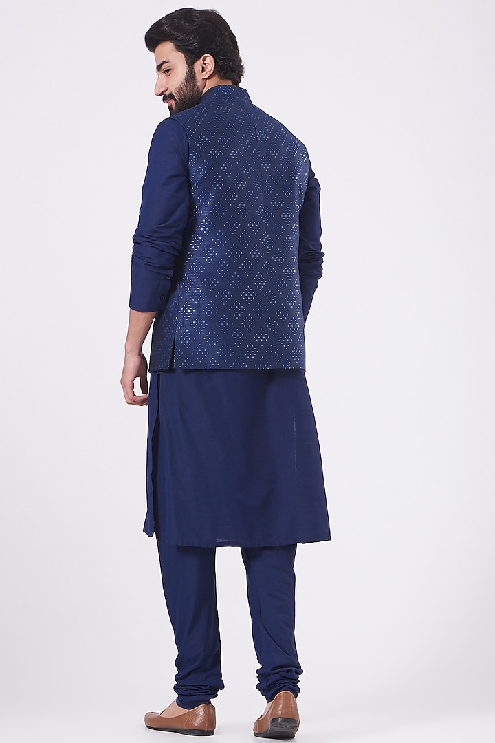 Ink Blue Brocade Nehru Jacket Set by Manish Nagdeo Men at Pernia's Pop Up Shop