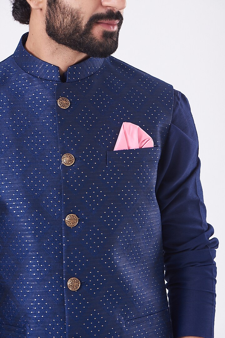 Ink Blue Brocade Nehru Jacket Set by Manish Nagdeo Men at Pernia's Pop Up Shop