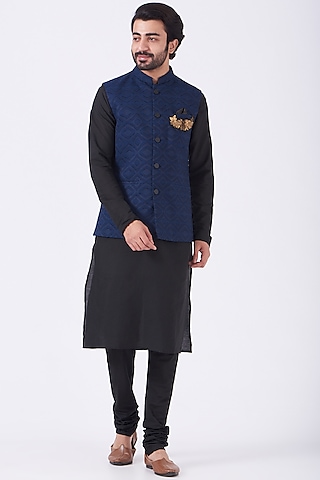 Black Kurta Set With Blue Bundi Jacket by Manish Nagdeo Men