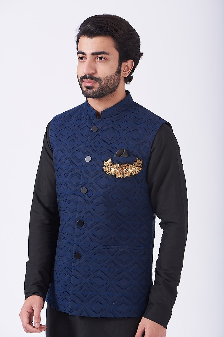 Black Kurta Set With Blue Bundi Jacket by Manish Nagdeo Men at