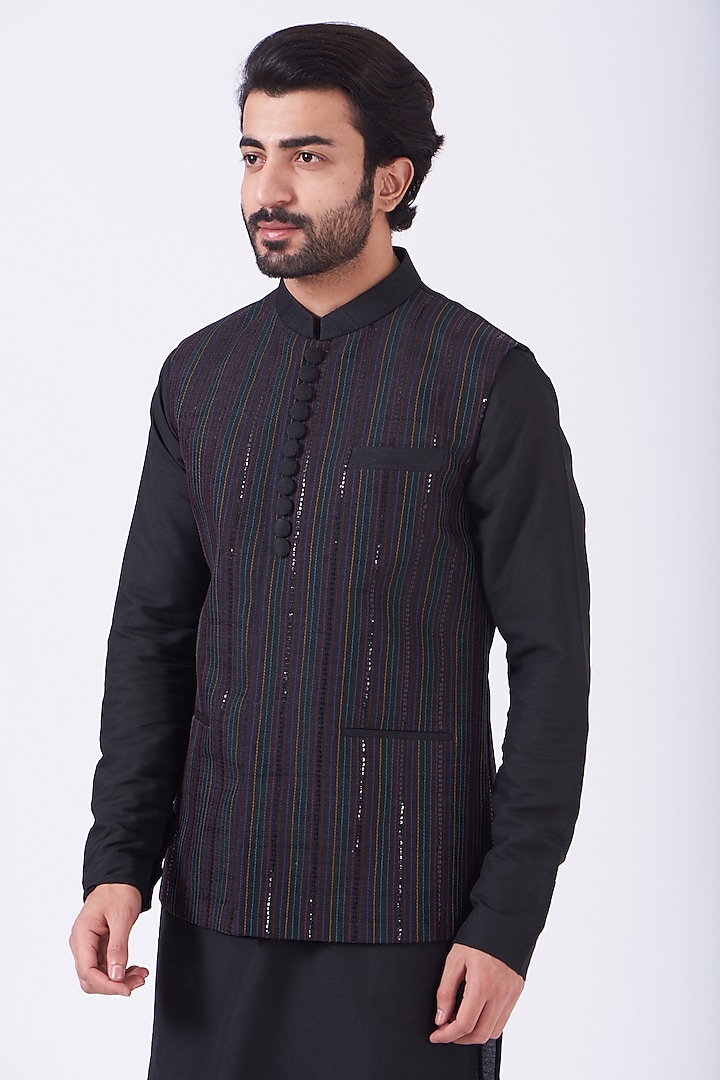 Black Art Silk Sequins Work Bundi Jacket Set by Manish Nagdeo Men at Pernia's Pop Up Shop