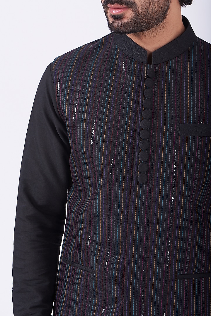 Black Art Silk Sequins Work Bundi Jacket Set by Manish Nagdeo Men at Pernia's Pop Up Shop