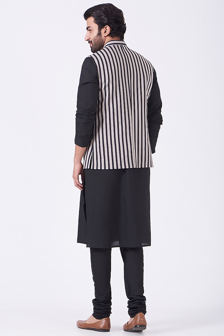 Black Cotton Striped Bundi Jacket Set by Manish Nagdeo Men at Pernia's Pop Up Shop