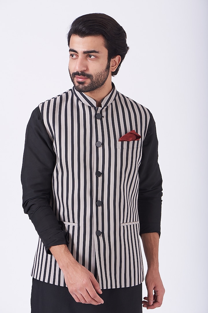 Black Cotton Striped Bundi Jacket Set by Manish Nagdeo Men at Pernia's Pop Up Shop