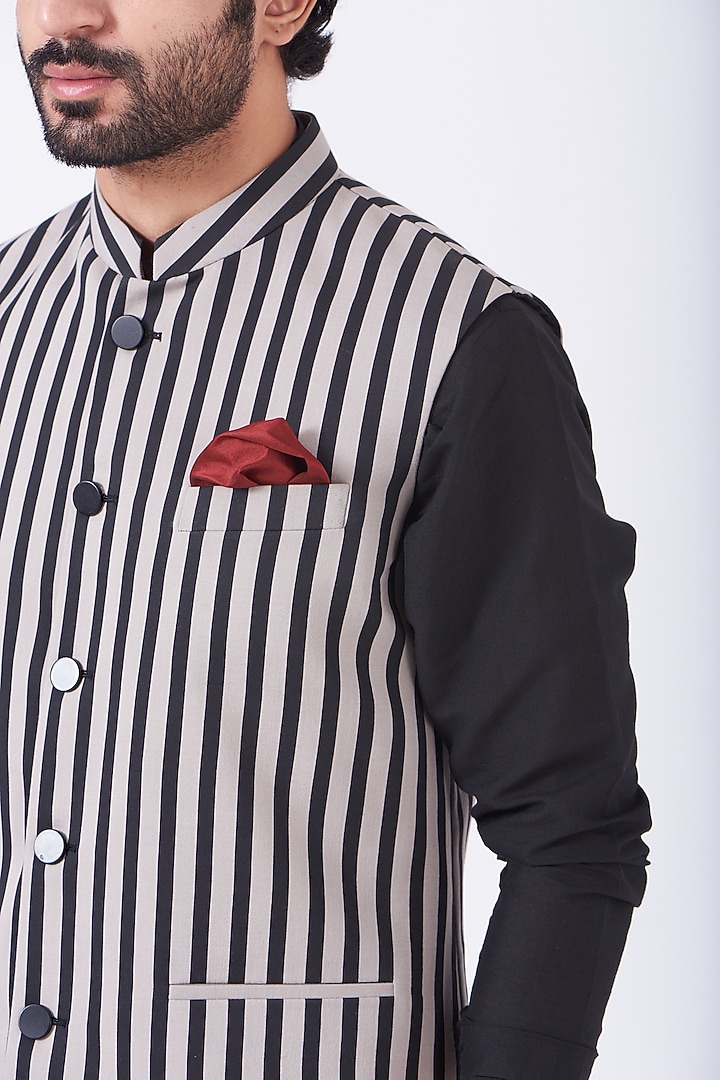 Black Cotton Striped Bundi Jacket Set by Manish Nagdeo Men at Pernia's Pop Up Shop