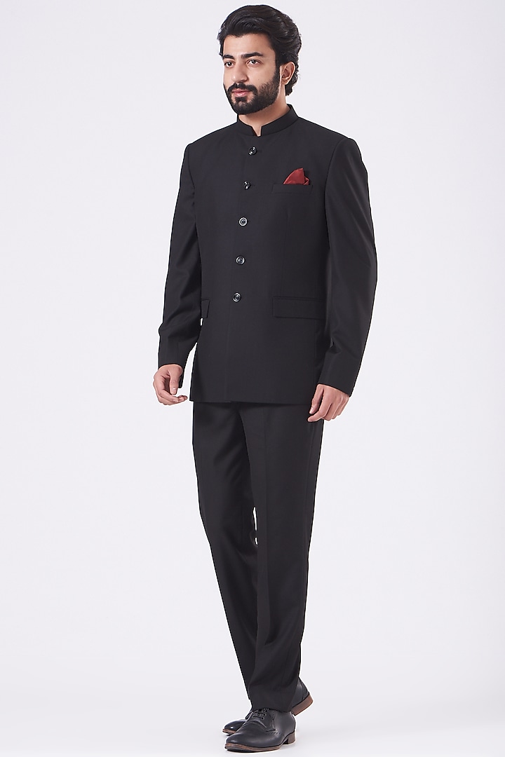 Black Viscose Blend Bandhgala Jacket Set by Manish Nagdeo