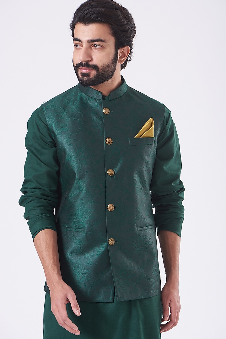 Bottle Green Art Silk Nehru Jacket Set by Manish Nagdeo Men at Pernia's Pop Up Shop
