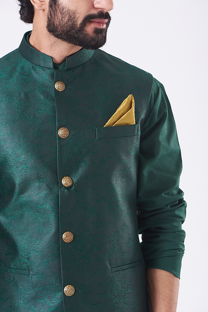 Bottle Green Art Silk Nehru Jacket Set by Manish Nagdeo Men at Pernia's Pop Up Shop