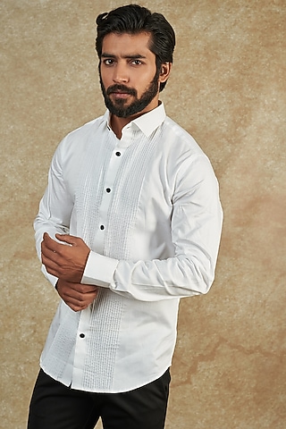 White Cotton Satin Tuxedo Shirt by Manish Nagdeo Men