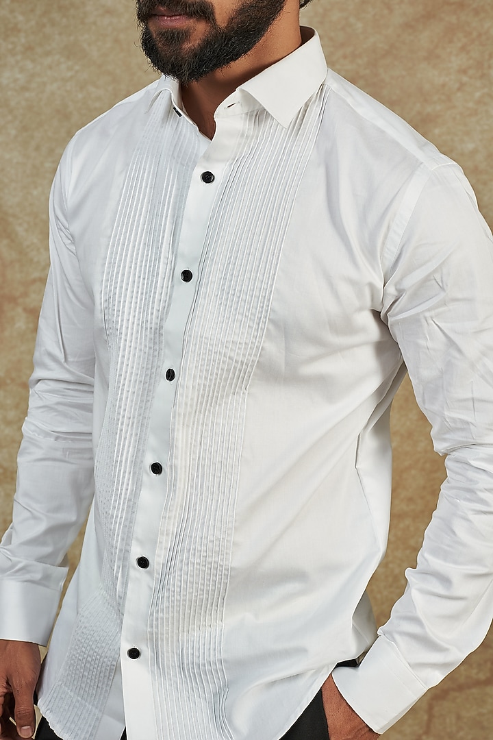 White Cotton Satin Tuxedo Party Wear Shirt by Manish Nagdeo Men at Pernia's Pop Up Shop