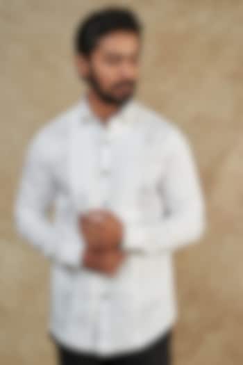 White Cotton Satin Pleated Tuxedo Shirt by Manish Nagdeo