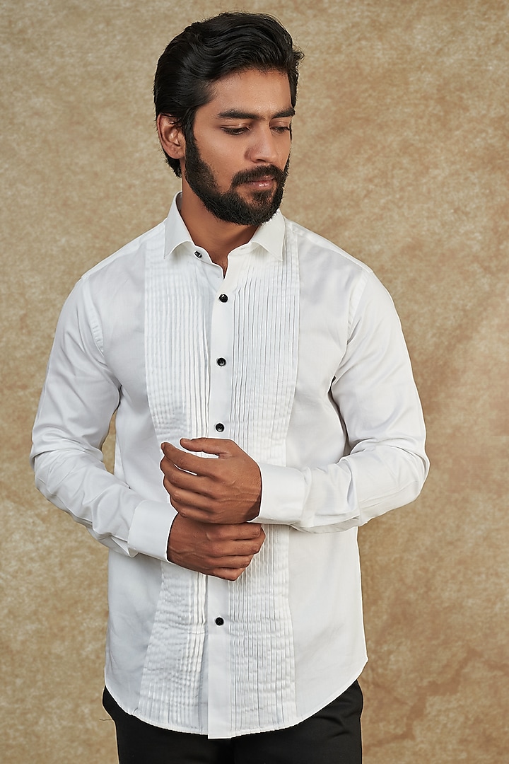 White Cotton Satin Pleated Tuxedo Shirt by Manish Nagdeo