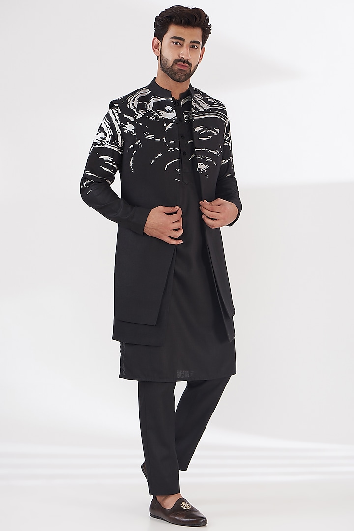 Black Ruby Silk Printed & Embroidered Indowestern Set by Manish Nagdeo