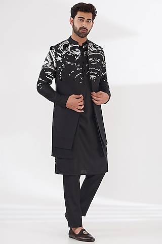Black Ruby Silk Printed & Embroidered Indowestern Set by Manish Nagdeo Men