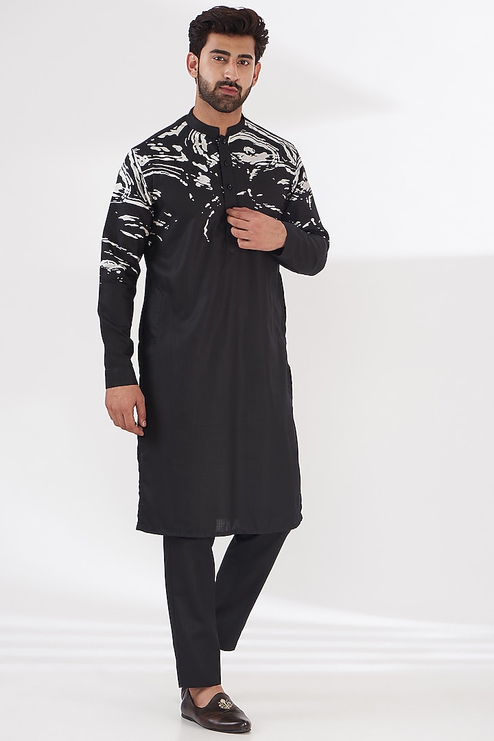 Black Ruby Silk Printed & Embroidered Indowestern Set by Manish Nagdeo Men at Pernia's Pop Up Shop